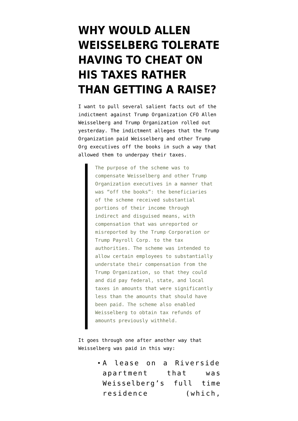 Why Would Allen Weisselberg Tolerate Having to Cheat on His Taxes Rather Than Getting a Raise?