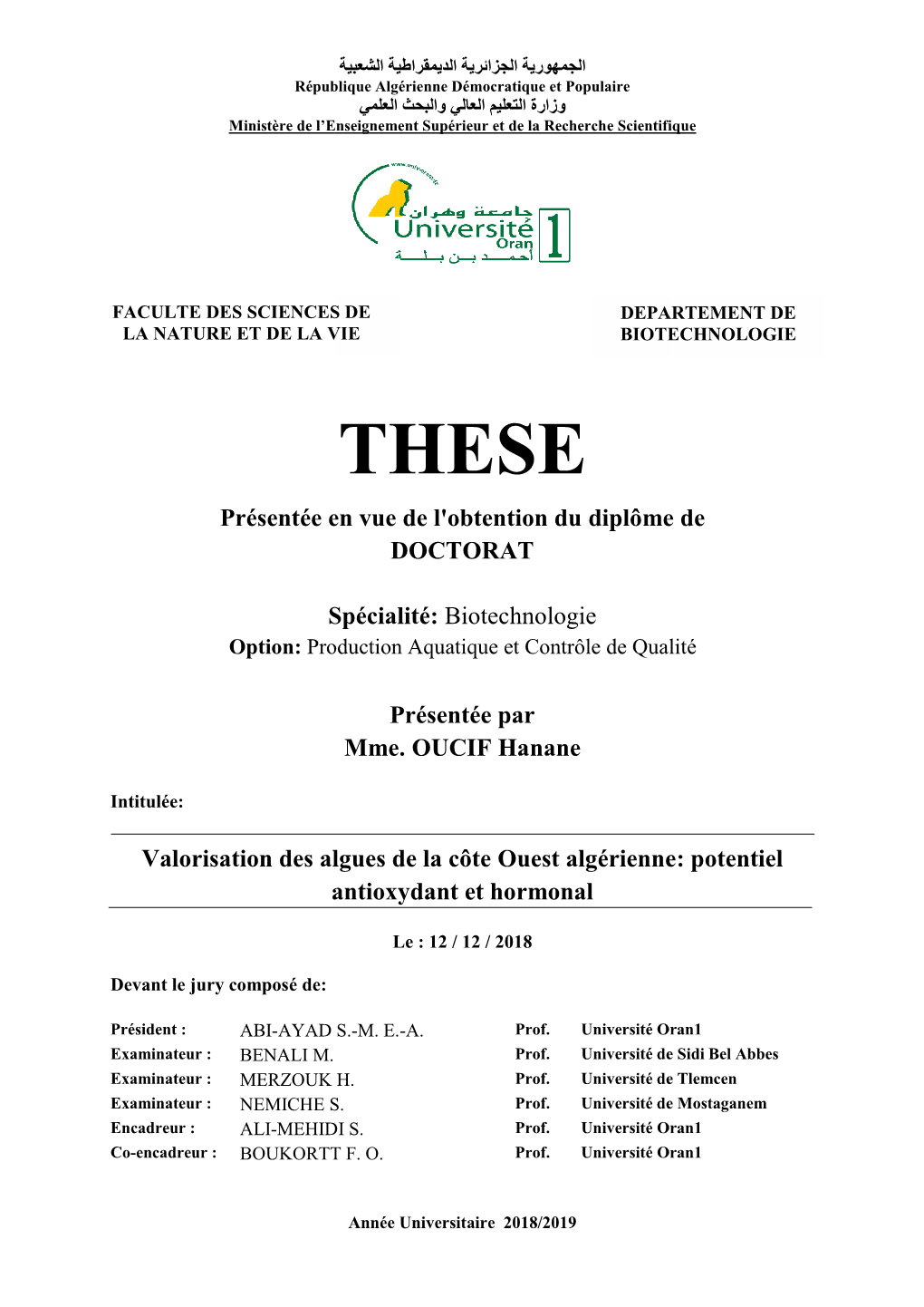 THESE Présentée En Vue De L'obtention Du Diplôme De DOCTORAT