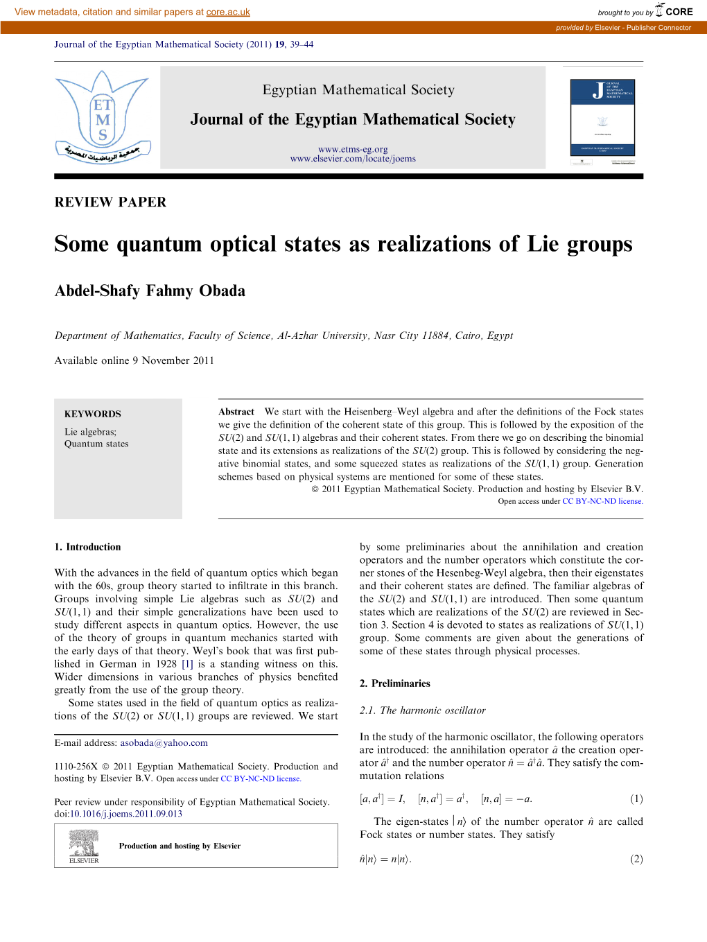 Some Quantum Optical States As Realizations of Lie Groups