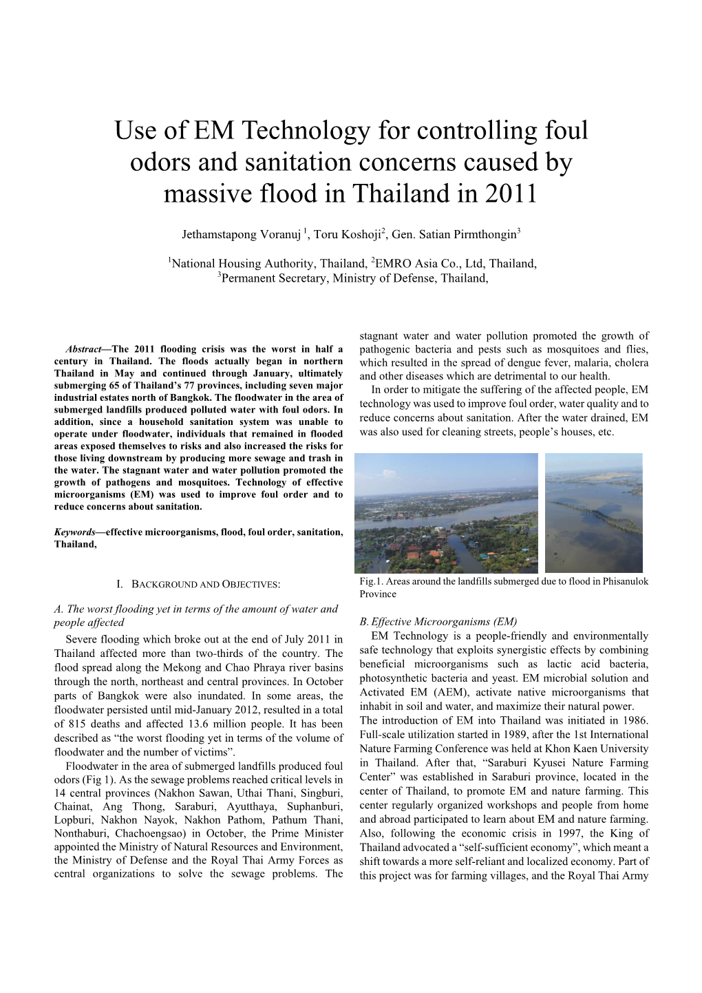 Use of EM Technology for Controlling Foul Odors and Sanitation Concerns Caused by Massive Flood in Thailand in 2011