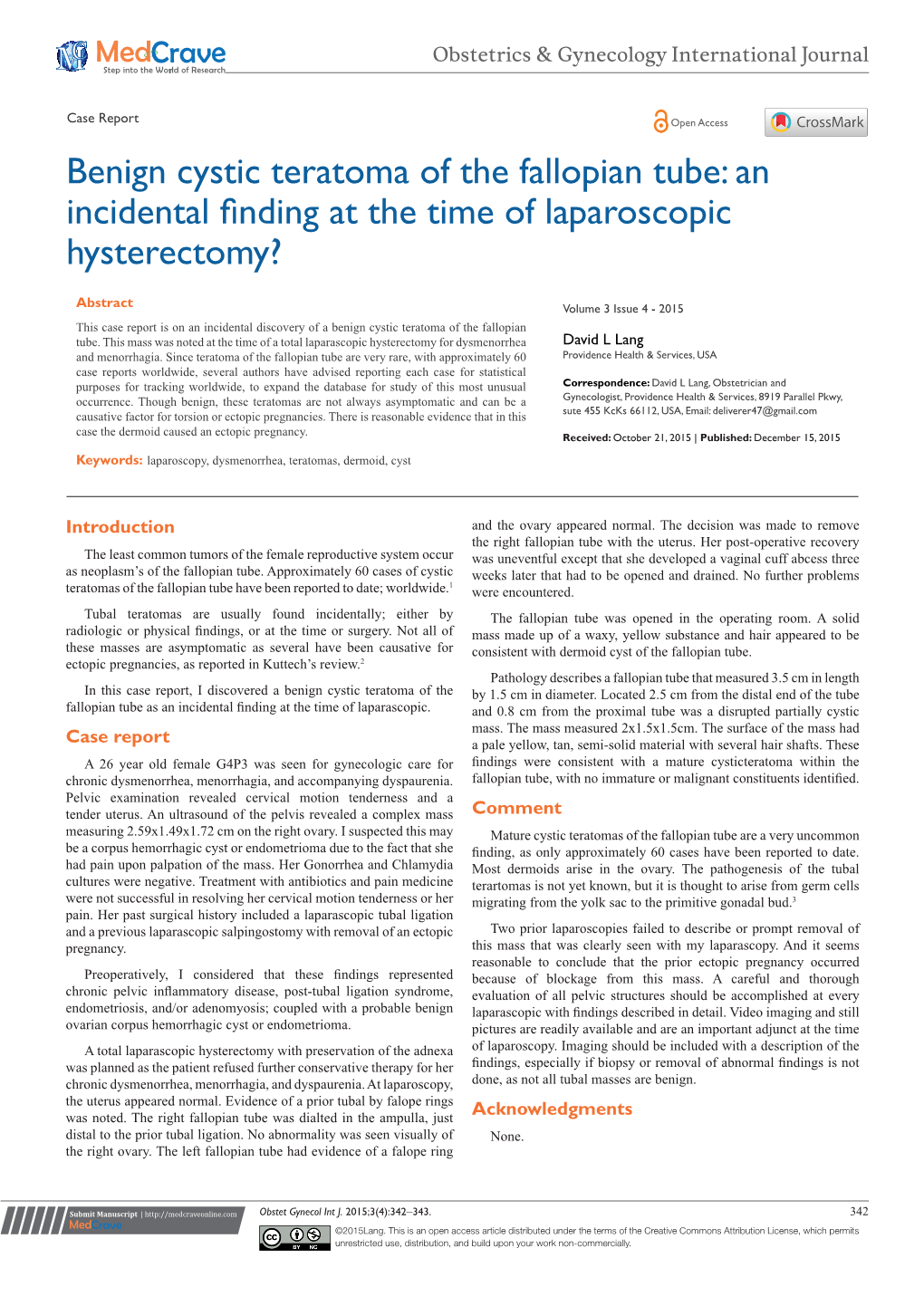 Benign Cystic Teratoma of the Fallopian Tube: an Incidental Finding at the Time of Laparoscopic Hysterectomy?