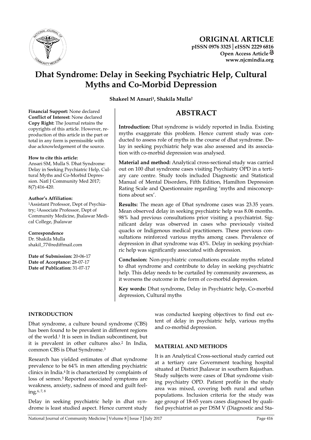 Dhat Syndrome: Delay in Seeking Psychiatric Help, Cultural Myths and Co-Morbid Depression