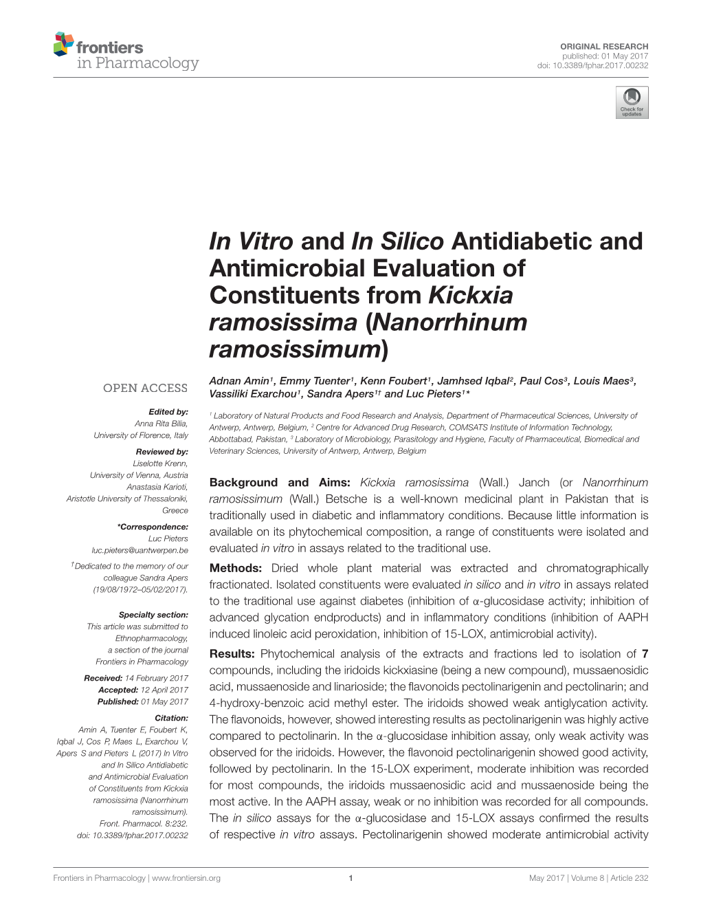 In Vitro and in Silico Antidiabetic and Antimicrobial Evaluation of Constituents from Kickxia Ramosissima (Nanorrhinum Ramosissimum)