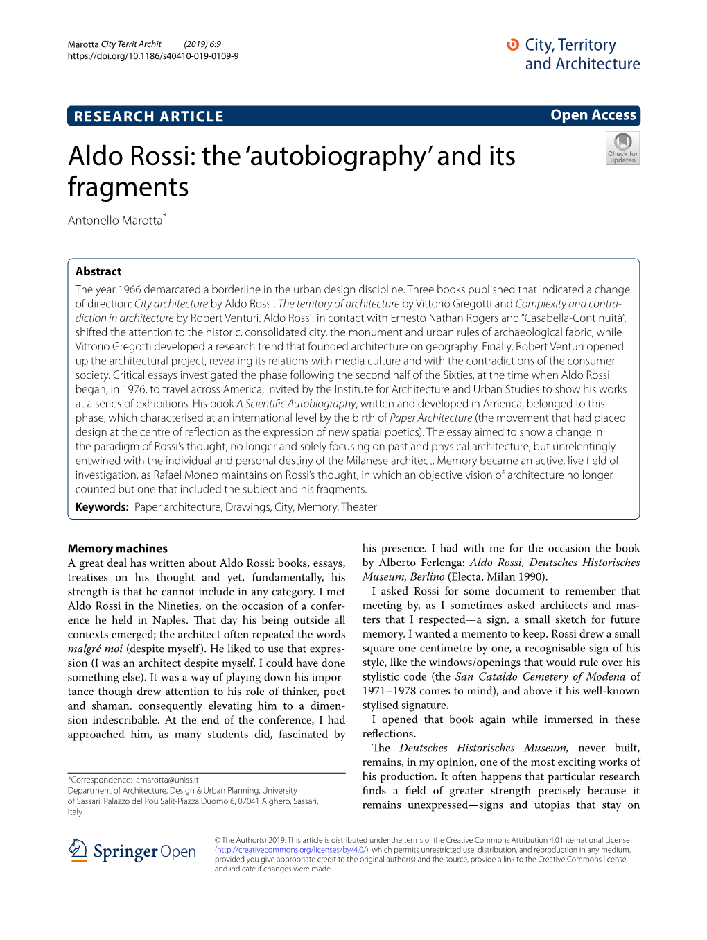 Aldo Rossi: the ‘Autobiography’ and Its Fragments Antonello Marotta*