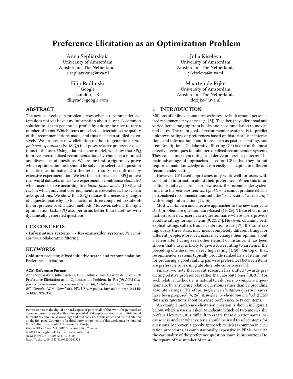 Preference Elicitation As an Optimization Problem