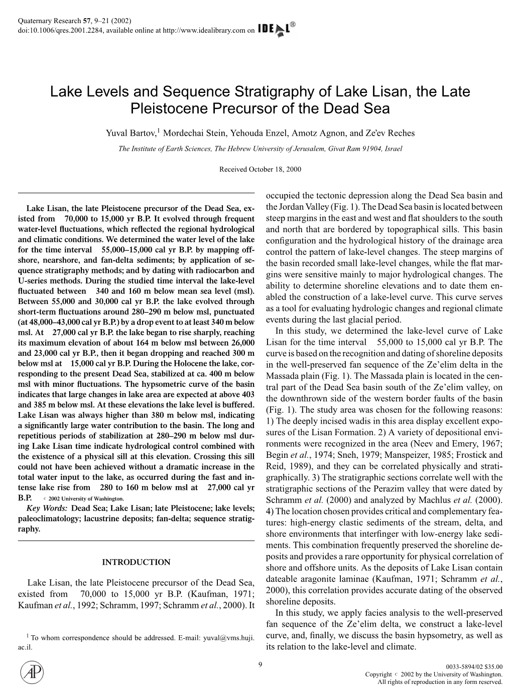 Lake Levels and Sequence Stratigraphy of Lake Lisan, the Late Pleistocene Precursor of the Dead Sea