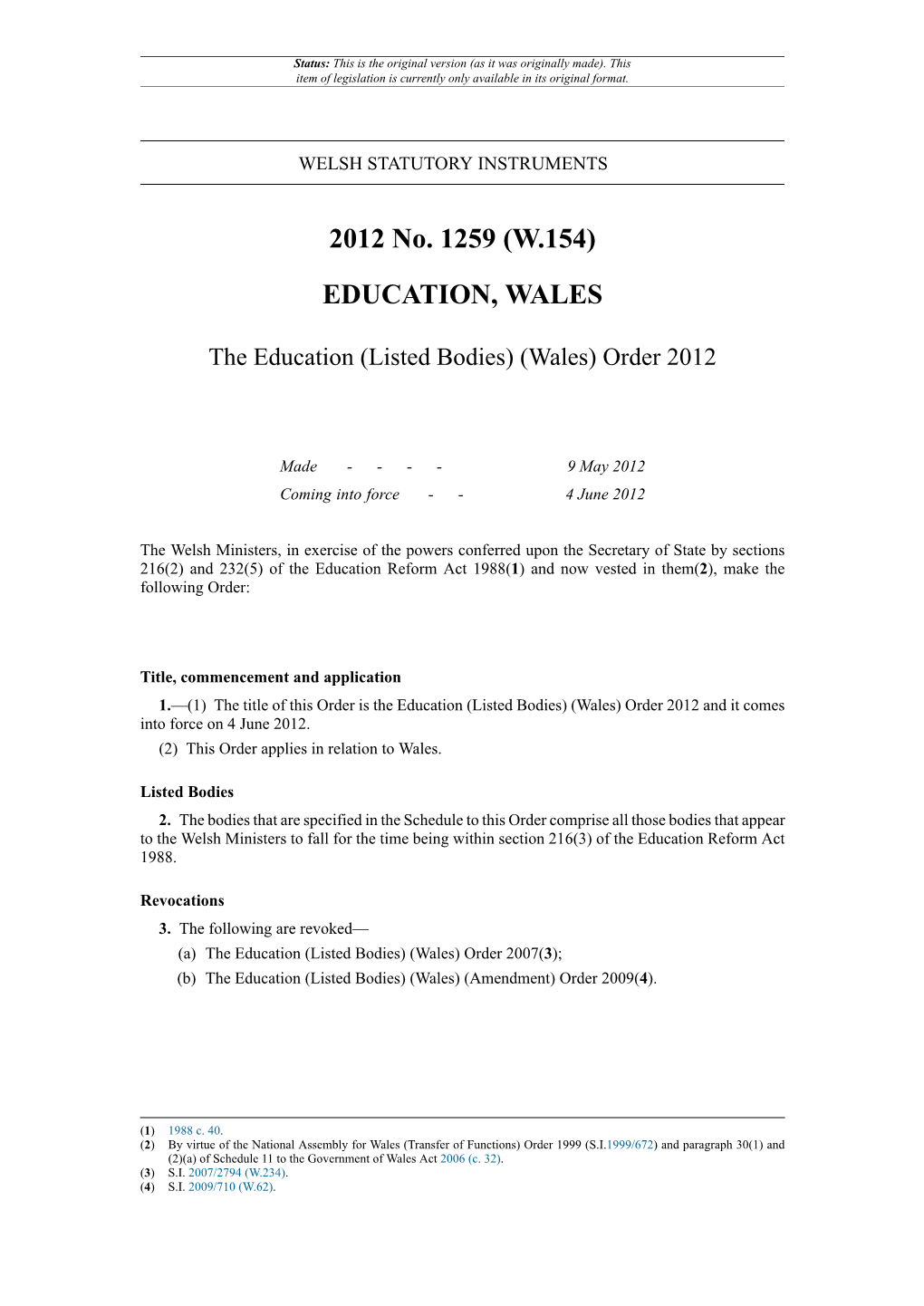 The Education (Listed Bodies) (Wales) Order 2012