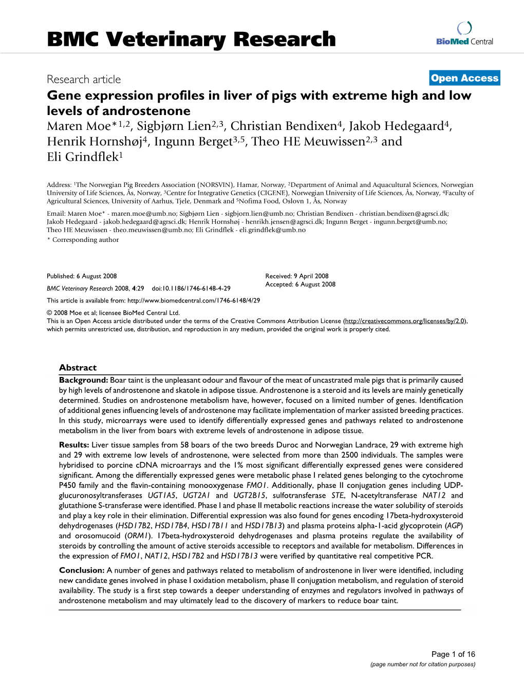 Gene Expression Profiles in Liver of Pigs with Extreme High and Low
