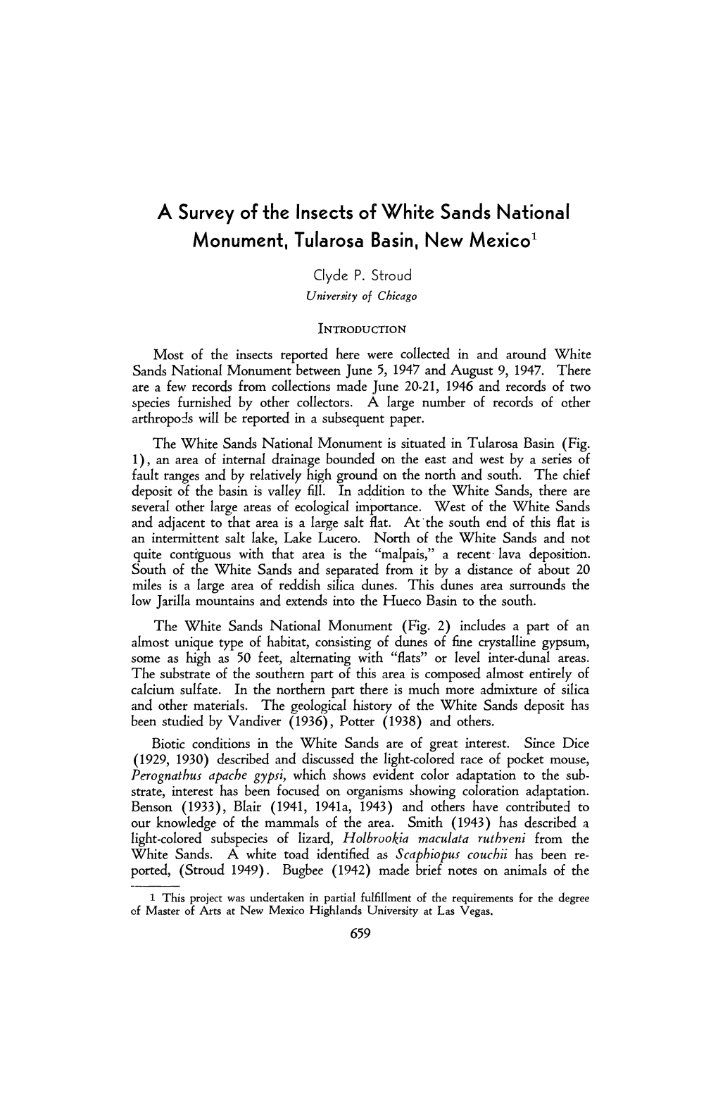 A Survey of the Insects of White Sands National Monument, Tularosa