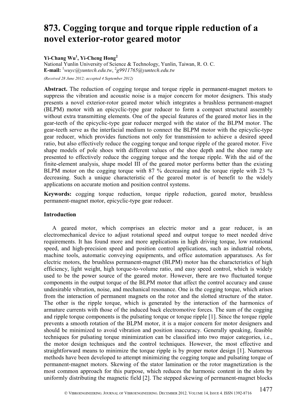 873. Cogging Torque and Torque Ripple Reduction of a Novel Exterior-Rotor Geared Motor