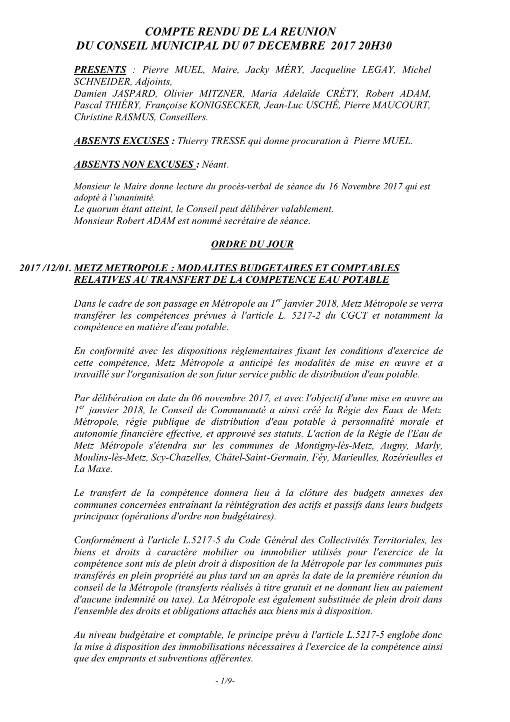 Compte Rendu De La Reunion Du Conseil Municipal Du 07 Decembre 2017 20H30