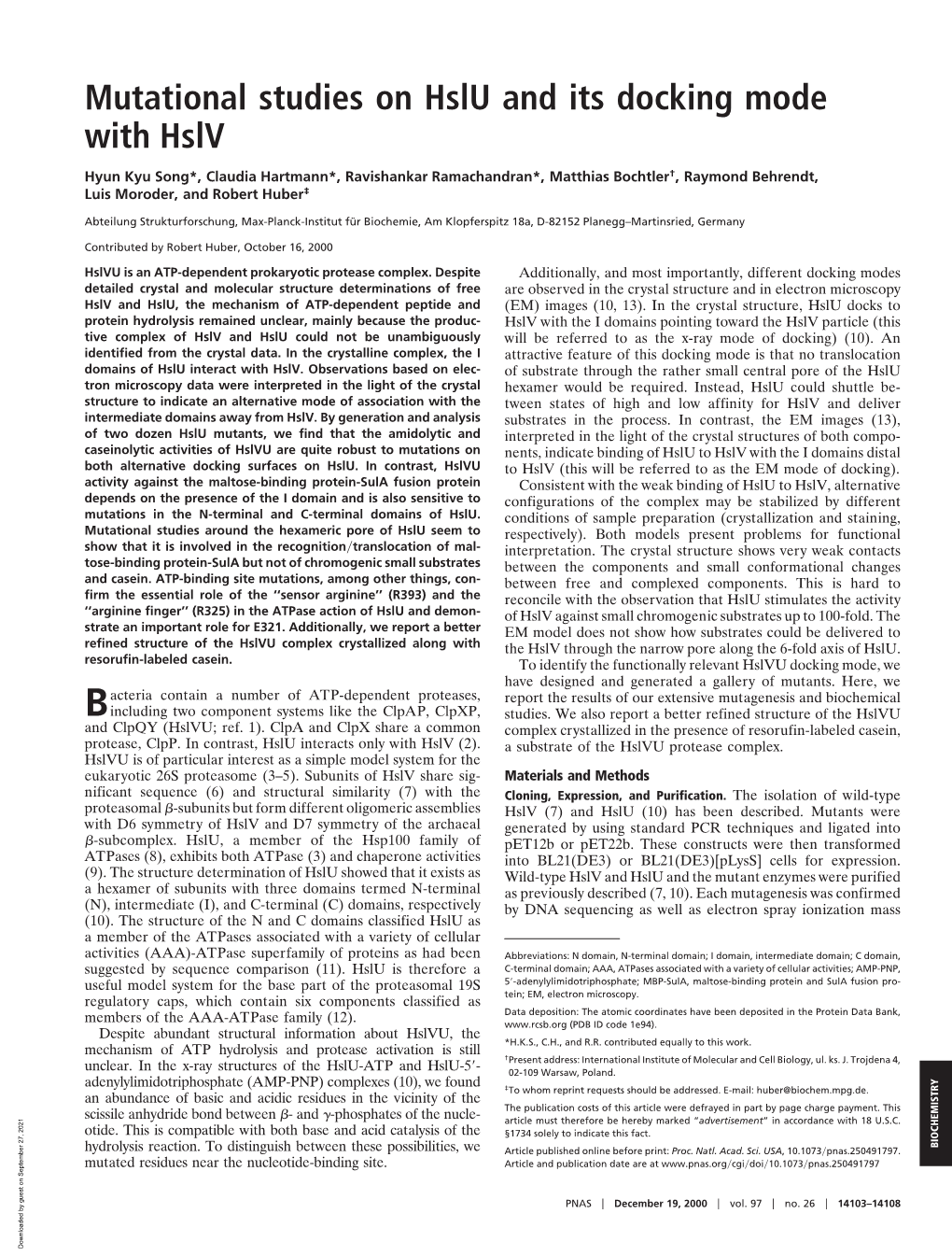 Mutational Studies on Hslu and Its Docking Mode with Hslv