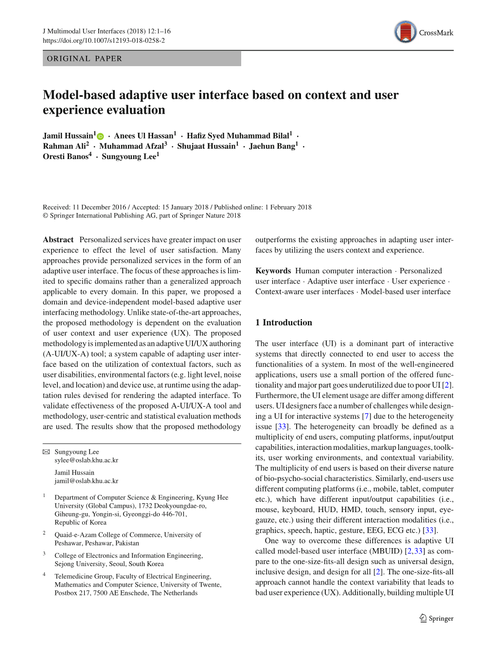 Model-Based Adaptive User Interface Based on Context and User Experience Evaluation