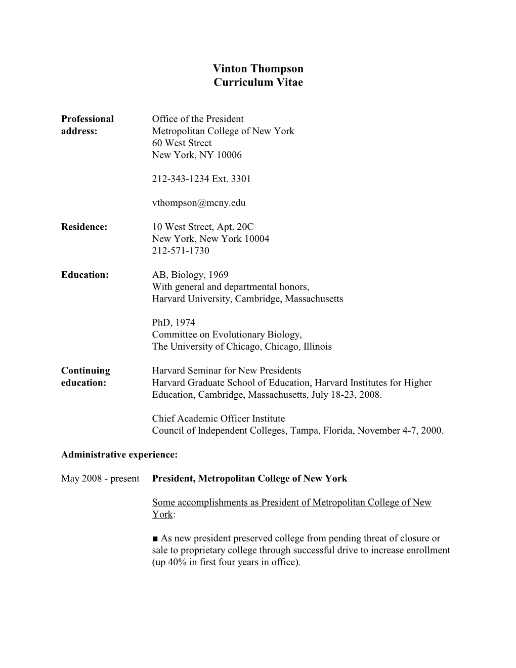 Vinton Thompson Curriculum Vitae