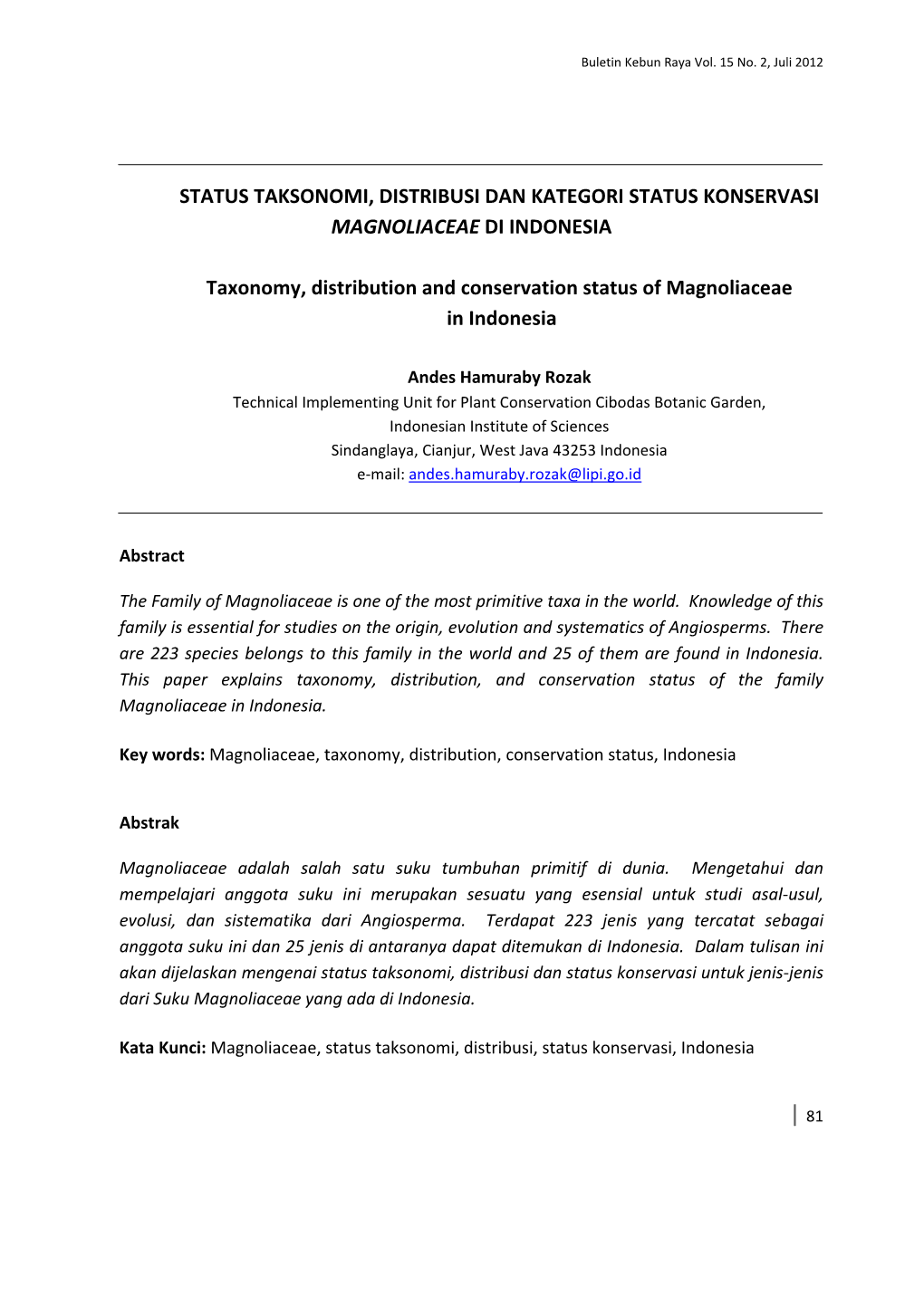 Status Taksonomi, Distribusi Dan Kategori Status Konservasi Magnoliaceae Di Indonesia