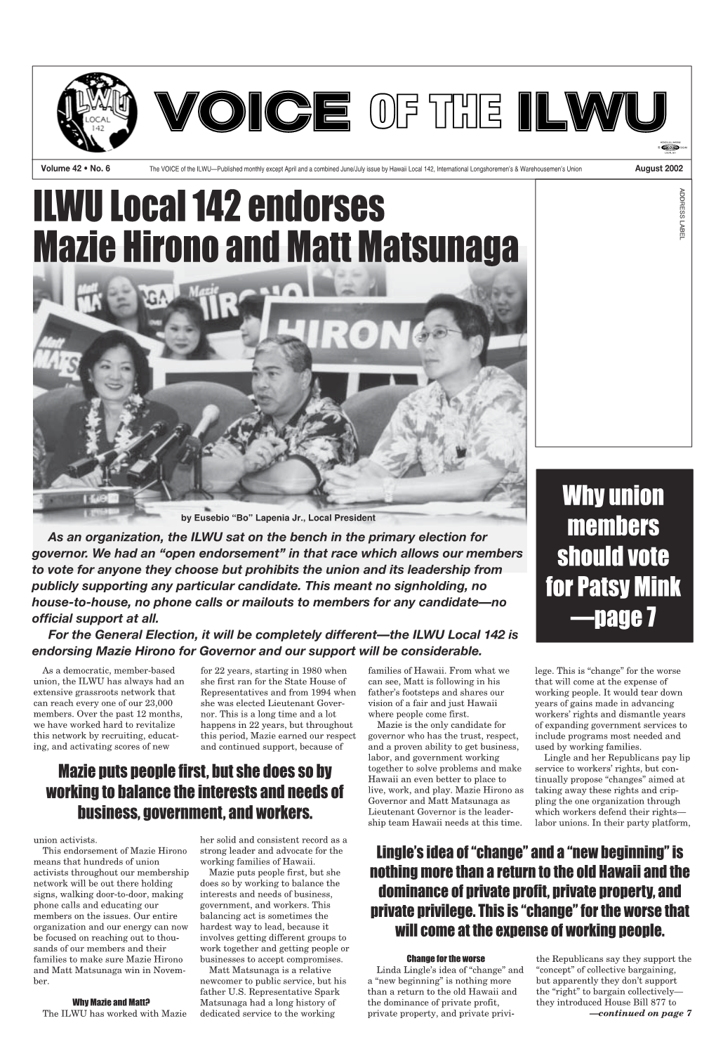 ILWU Local 142 Endorses Mazie Hirono and Matt Matsunaga