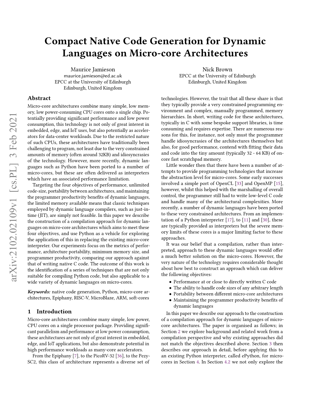 Compact Native Code Generation for Dynamic Languages on Micro-Core Architectures