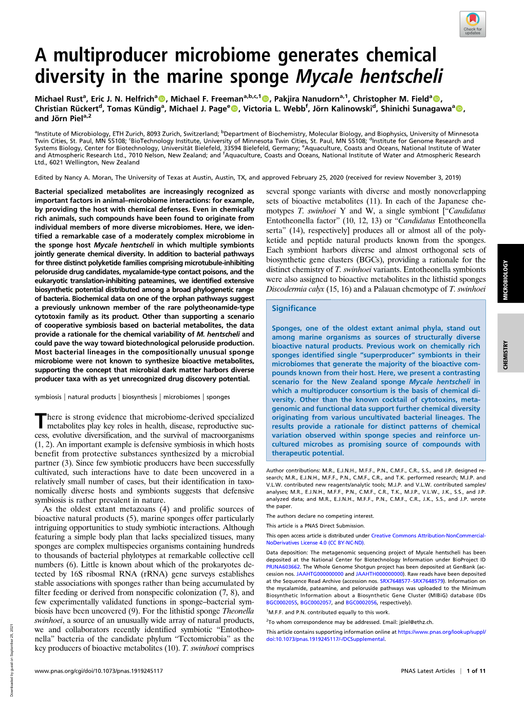 A Multiproducer Microbiome Generates Chemical Diversity in the Marine Sponge Mycale Hentscheli