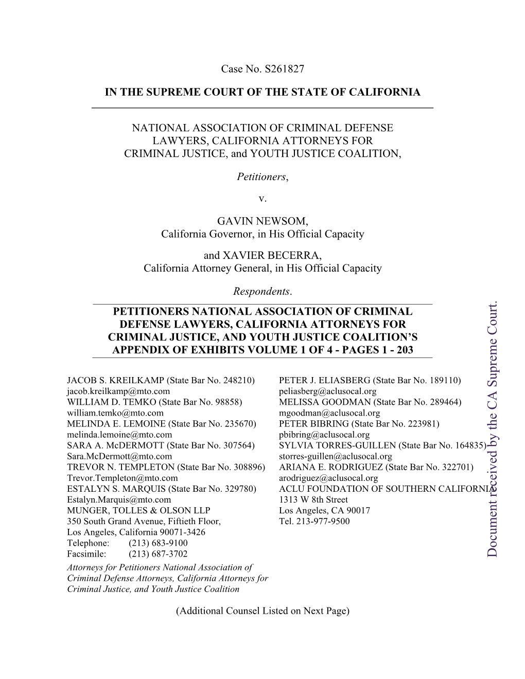 Document Received by the CA Supreme Court. Supreme CA the by Received Document TABLE of EXHIBITS SUPPORTING PETITION for WRIT of MANDATE