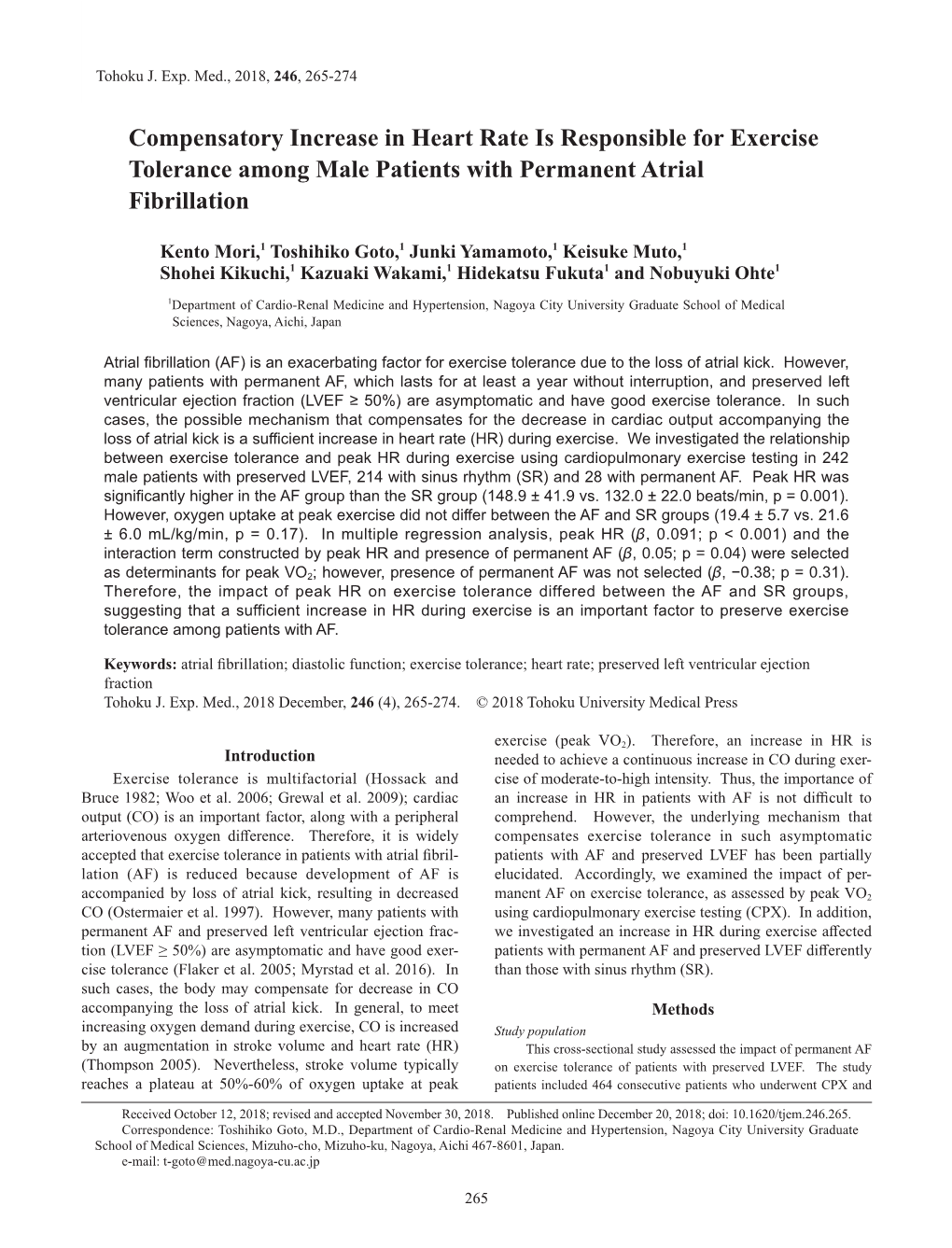 Compensatory Increase in Heart Rate Is Responsible for Exercise Tolerance Among Male Patients with Permanent Atrial Fibrillation