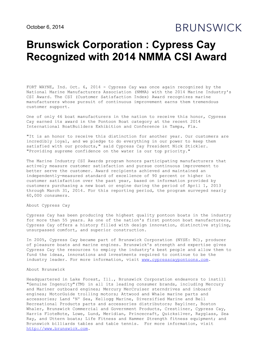 Brunswick Corporation : Cypress Cay Recognized with 2014 NMMA CSI Award