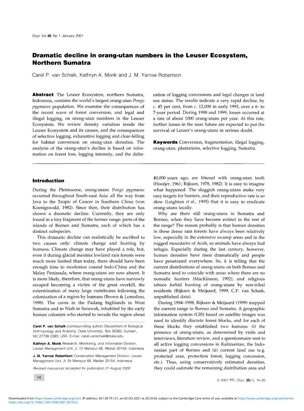 Dramatic Decline in Orang-Utan Numbers in the Leuser Ecosystem, Northern Sumatra