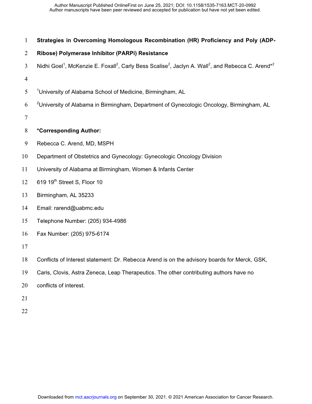 Proficiency and Poly (ADP-Ribose) Polymerase Inhibitor (Parpi) Resistance