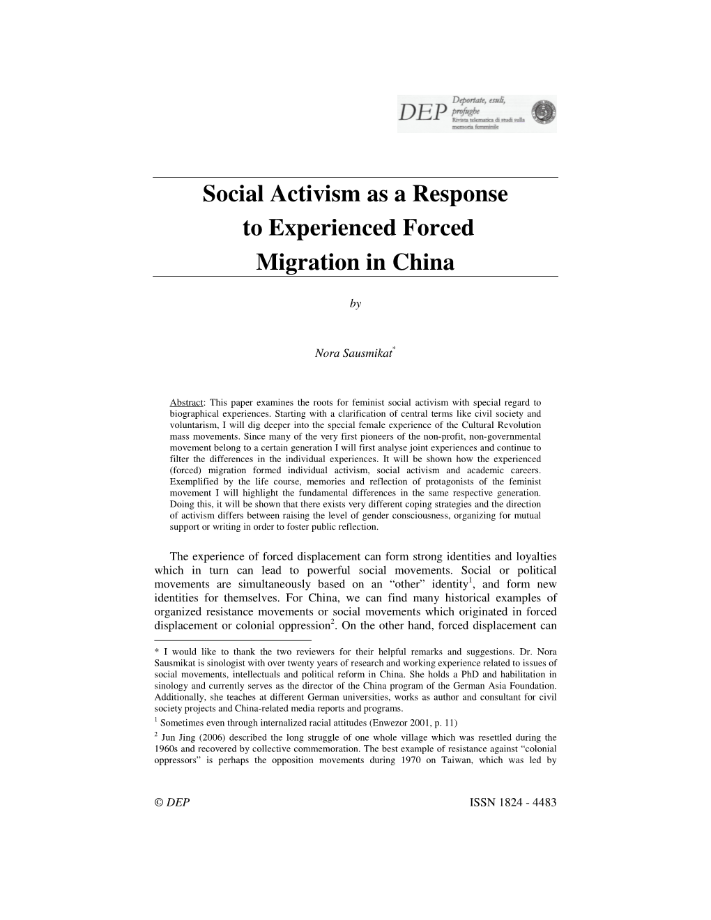 Social Activism As a Response to Experienced Forced Migration in China