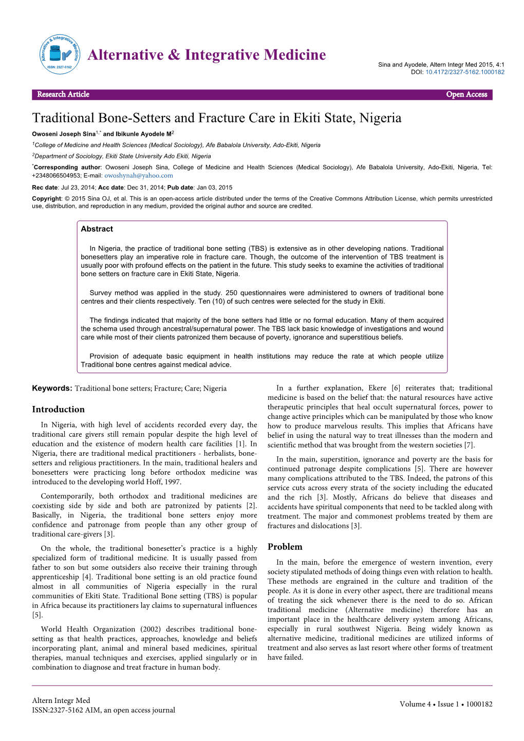 Traditional Bone-Setters and Fracture Care in Ekiti State, Nigeria