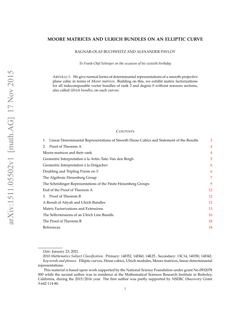 Moore Matrices and Ulrich Bundles on an Elliptic Curve