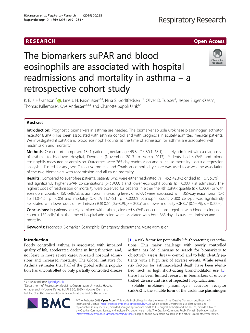 The Biomarkers Supar and Blood Eosinophils Are Associated with Hospital Readmissions and Mortality in Asthma – a Retrospective Cohort Study K