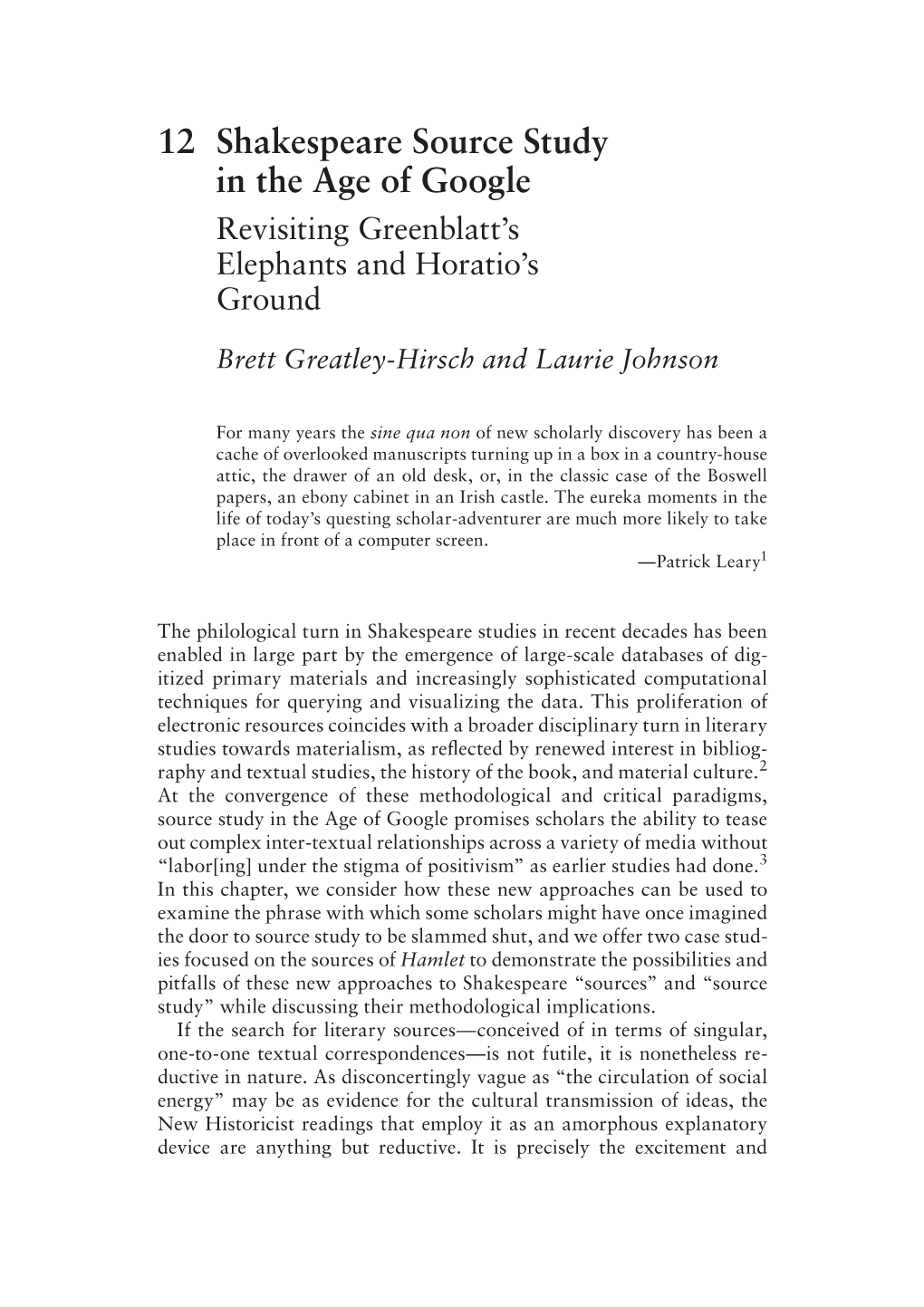 12 Shakespeare Source Study in the Age of Google Revisiting Greenblatt’S Elephants and Horatio’S Ground