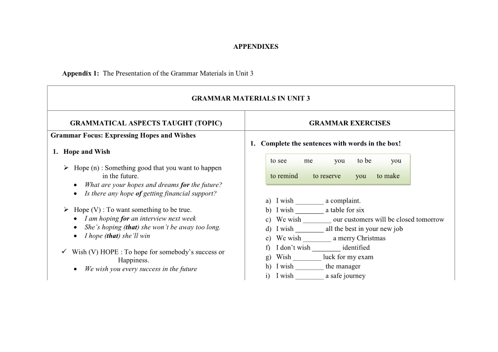 GRAMMAR EXERCISES Grammar Focus: Expressing Hopes and Wishes 1