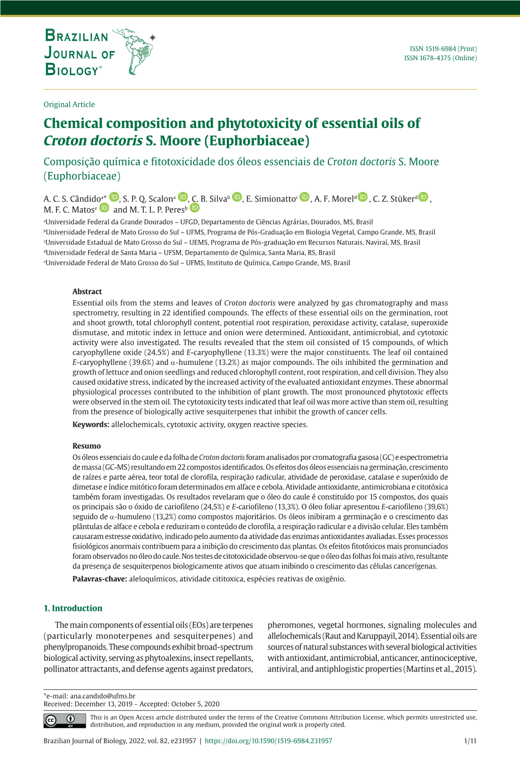 Euphorbiaceae) Composição Química E Fitotoxicidade Dos Óleos Essenciais De Croton Doctoris S