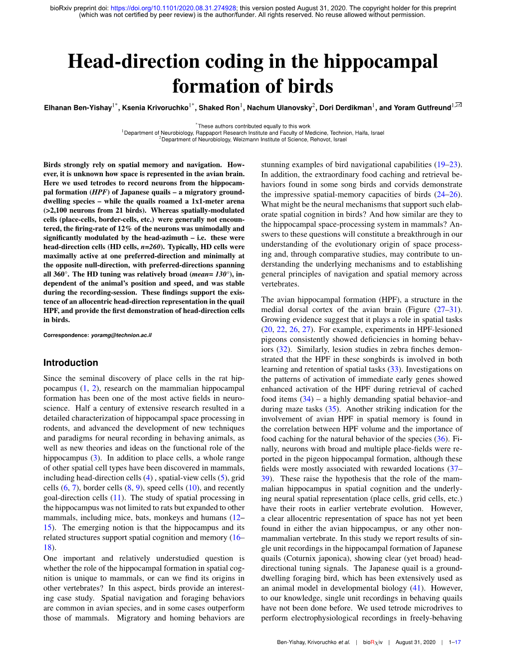 Head-Direction Coding in the Hippocampal Formation of Birds