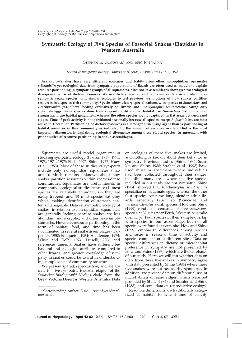 Sympatric Ecology of Five Species of Fossorial Snakes (Elapidae) in Western Australia