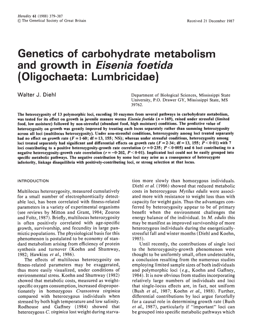 Genetics of Carbohydrate Metabolism and Growth in Eisenia Foetida (Oligochaeta: Lumbricidae)