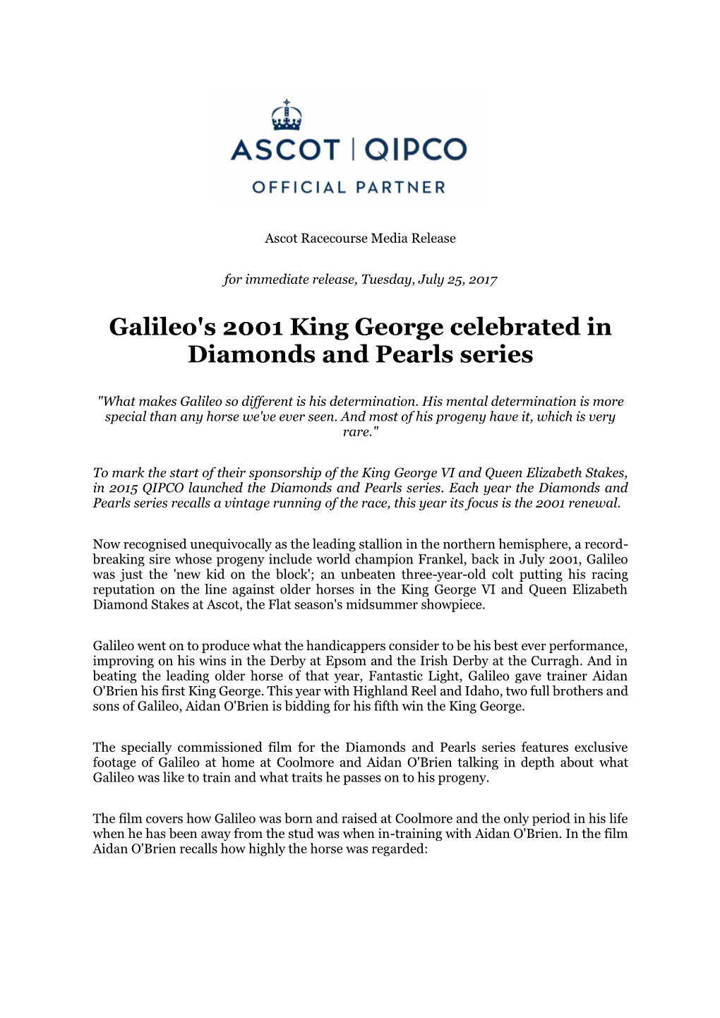 Galileo's 2001 King George Celebrated in Diamonds and Pearls Series