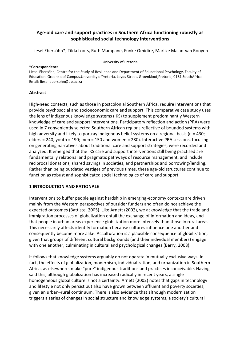 Age-Old Care and Support Practices in Southern Africa Functioning Robustly As Sophisticated Social Technology Interventions