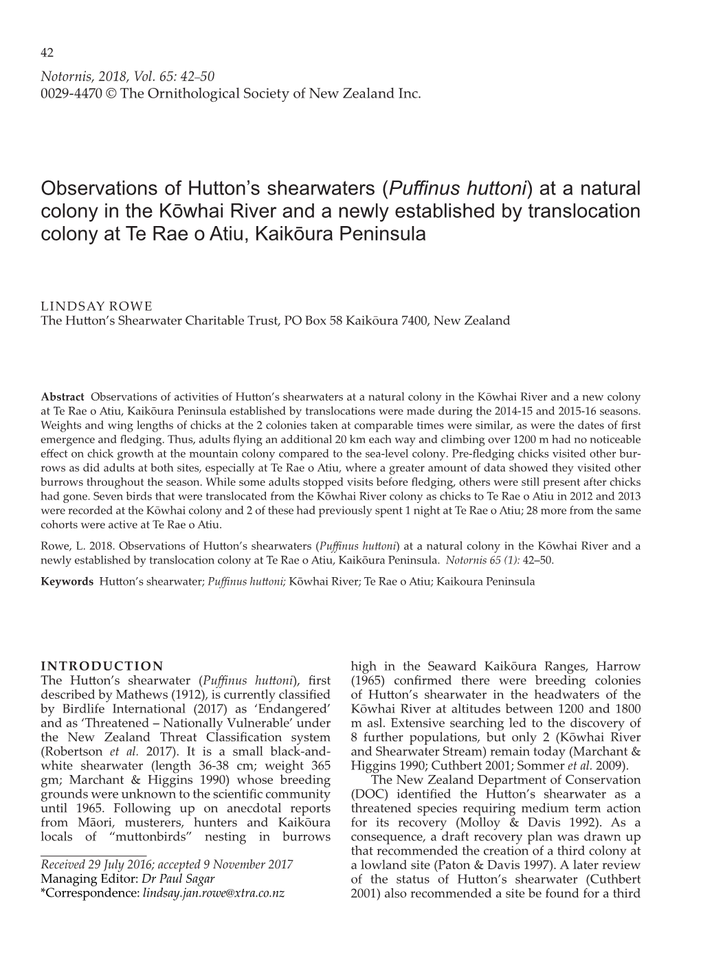 Observations of Hutton's Shearwaters (Puffinus Huttoni) at a Natural Colony