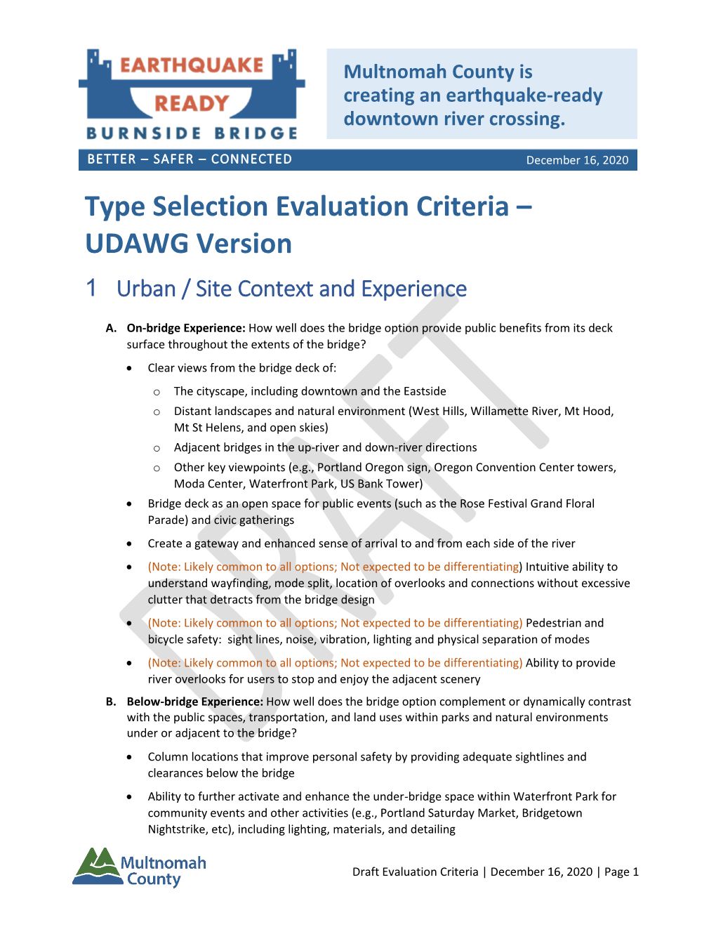 Type Selection Evaluation Criteria – UDAWG Version 1 Urban / Site Context and Experience