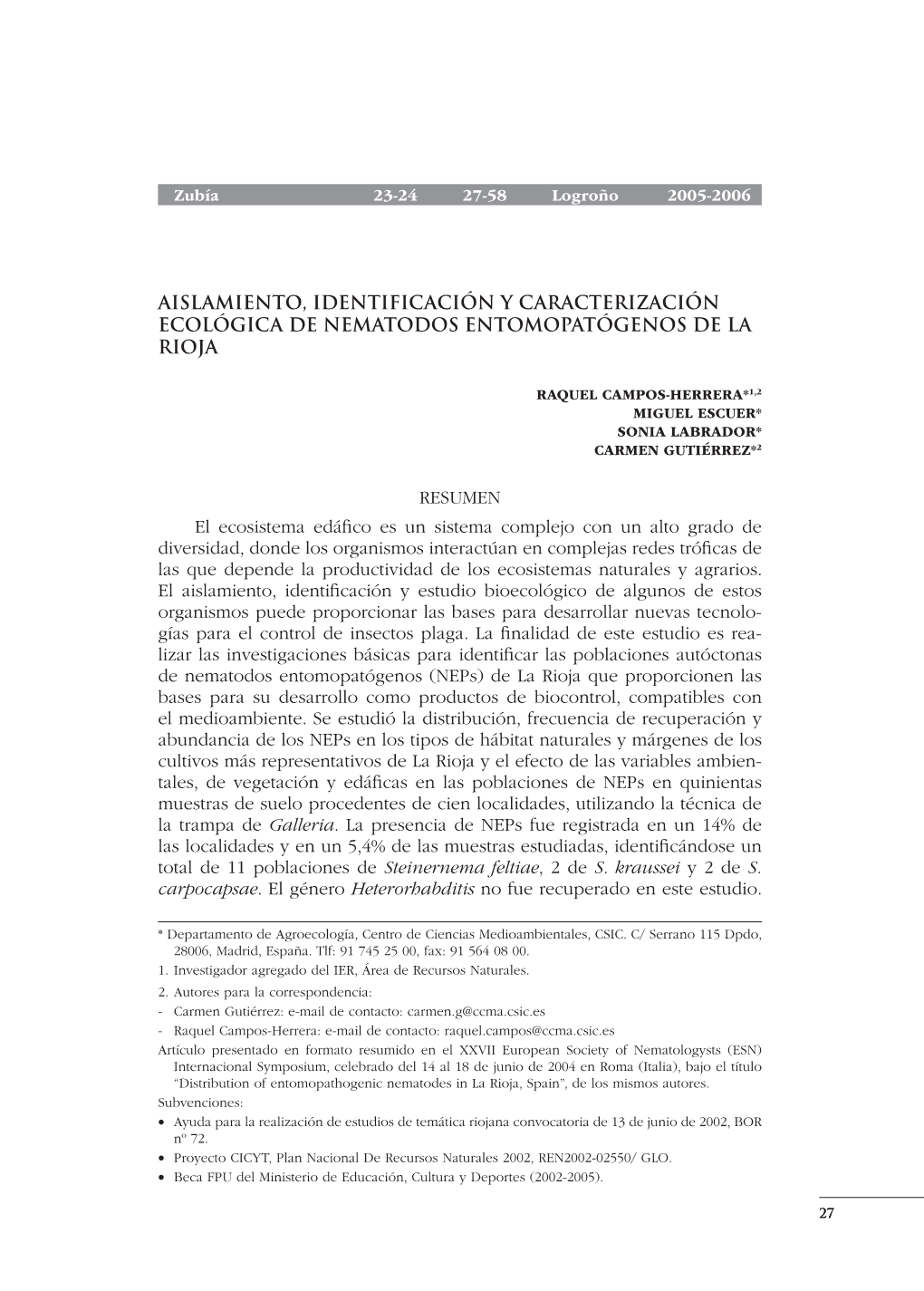 Aislamiento, Identificación Y Caracterización Ecológica De Nematodos Entomopatógenos De La Rioja