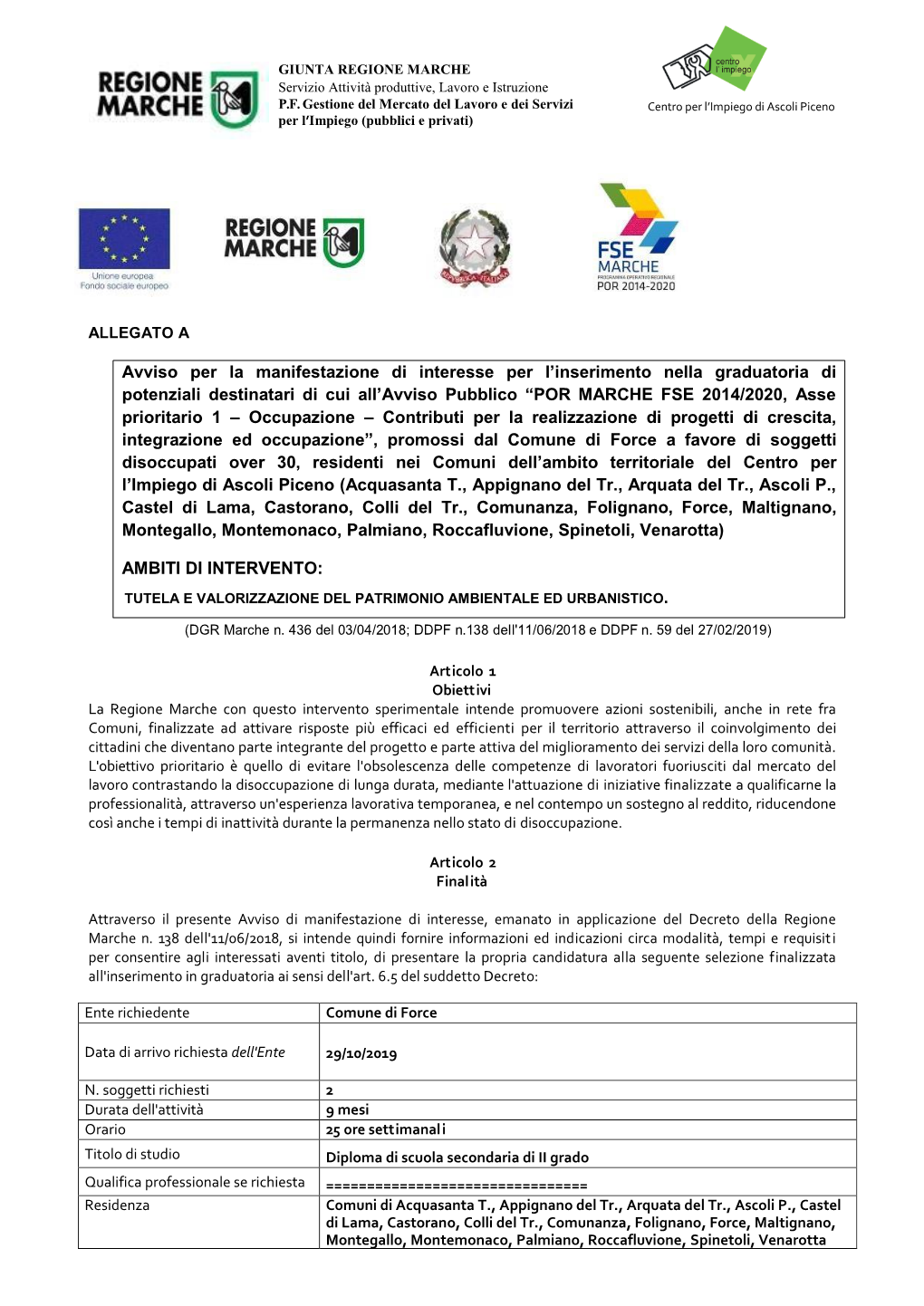 GIUNTA REGIONE MARCHE Servizio Attività Produttive, Lavoro E Istruzione P.F