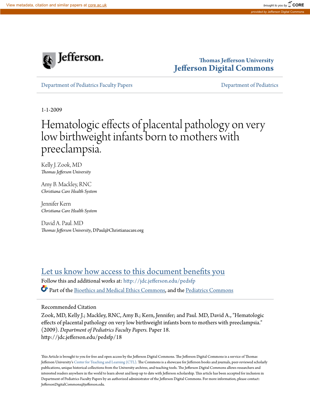 Hematologic Effects of Placental Pathology on Very Low Birthweight Infants Born to Mothers with Preeclampsia