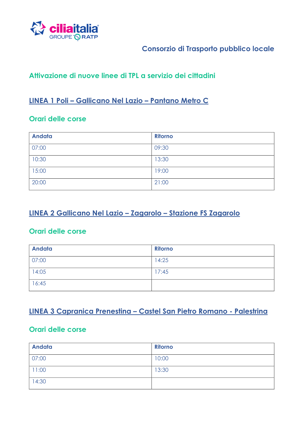 Consorzio Di Trasporto Pubblico Locale Attivazione Di Nuove Linee Di TPL a Servizio Dei Cittadini LINEA 1 Poli – Gallicano Ne