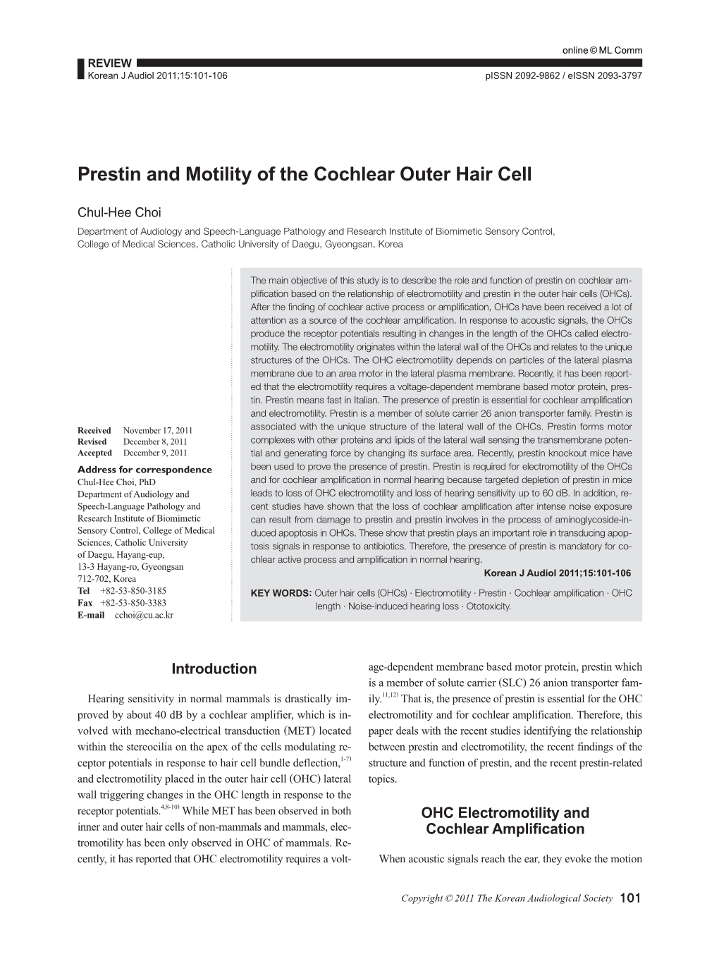 Prestin and Motility of the Cochlear Outer Hair Cell