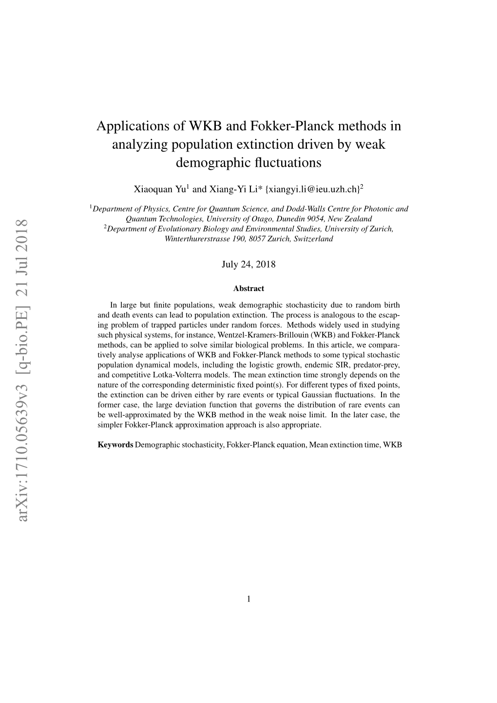 Applications of WKB and Fokker-Planck Methods in Analyzing Population Extinction Driven by Weak Demographic ﬂuctuations