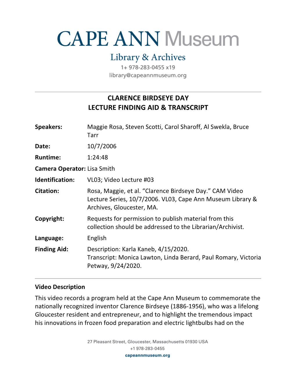 Clarence Birdseye Day Lecture Finding Aid & Transcript