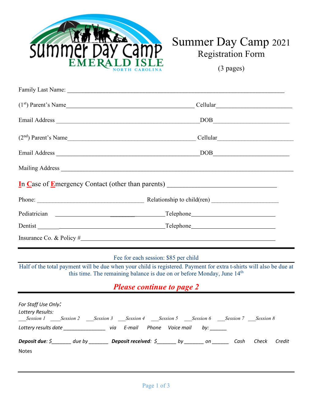 Summer Day Camp 2021 Registration Form