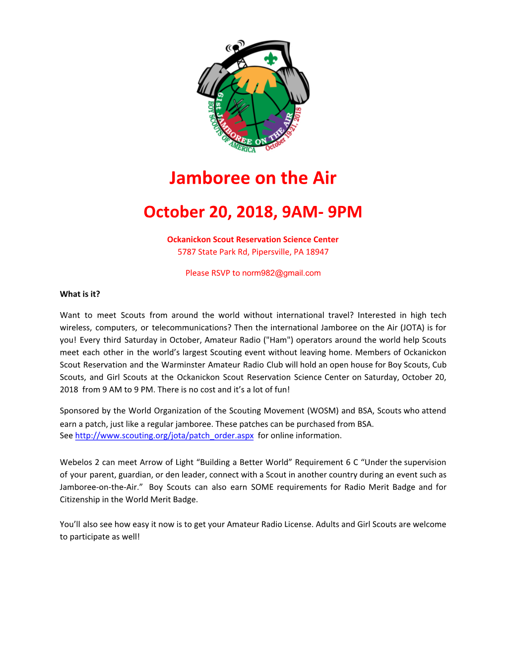 Jamboree on the Air October 20, 2018, 9AM- 9PM